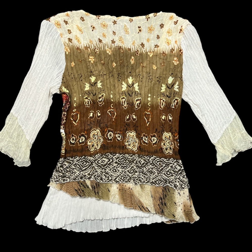 Alberto Makali Top Blouse Large Floral Layers Silky Shimmery Stretch Tan Crinkle - Picture 6 of 8